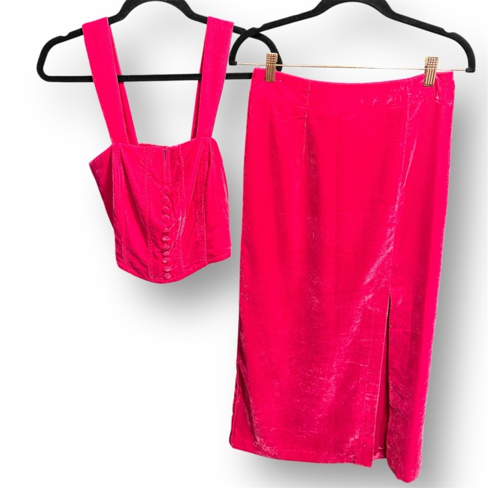 Rachel Zoe Vibrant Pink Velvet Skirt 2 piece Set y2k Barbiecore XS
